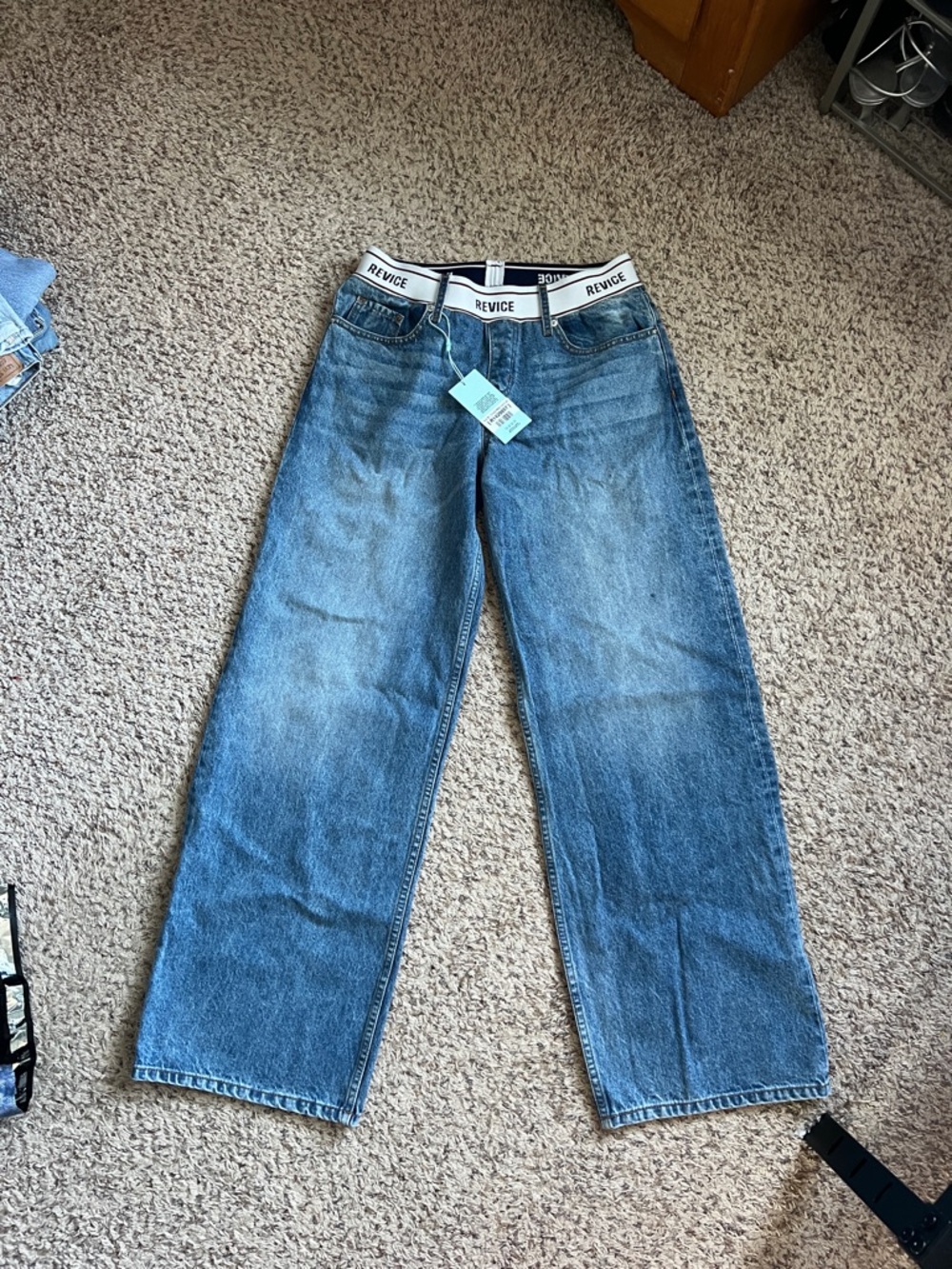 REVICE Women's Straight Jeans in Blue with White Logo Waistband